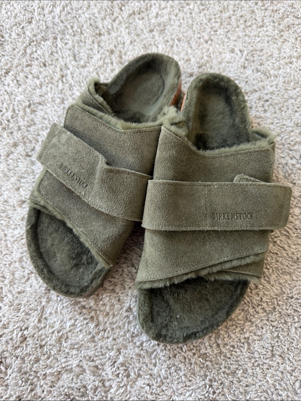 Birkenstock Olive Green Suede Shearling Crossover Sandals